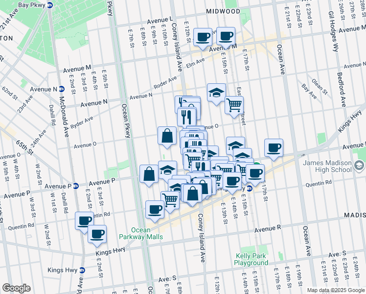 map of restaurants, bars, coffee shops, grocery stores, and more near 1555 East 10th Street in Brooklyn
