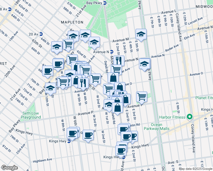 map of restaurants, bars, coffee shops, grocery stores, and more near 2440 64th Street in Brooklyn