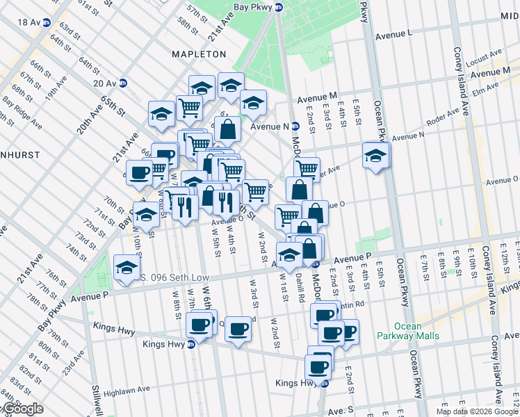map of restaurants, bars, coffee shops, grocery stores, and more near Avenue O in Brooklyn