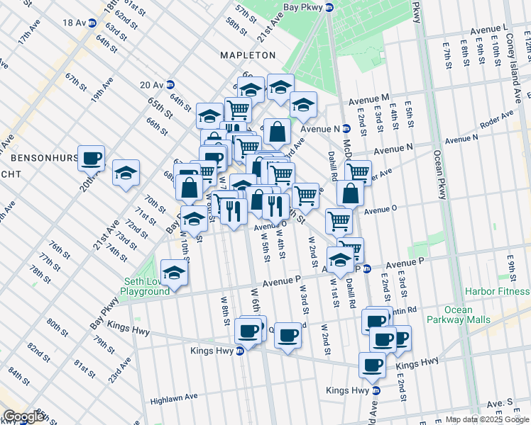 map of restaurants, bars, coffee shops, grocery stores, and more near 175 Avenue O in Brooklyn