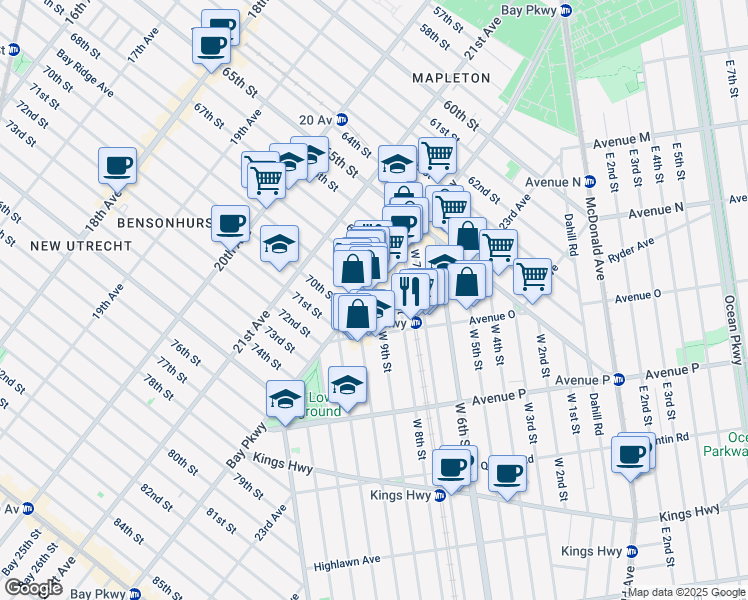 map of restaurants, bars, coffee shops, grocery stores, and more near 1471 West 9th Street in Brooklyn