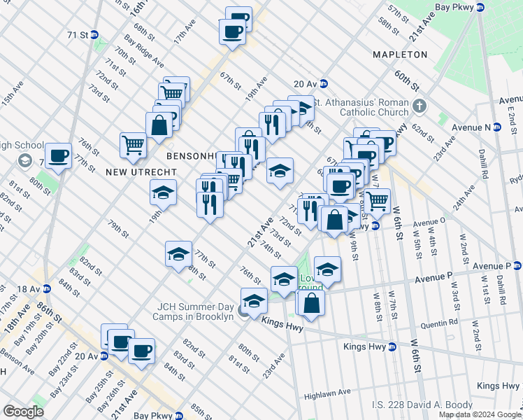 map of restaurants, bars, coffee shops, grocery stores, and more near 2062 73rd Street in Brooklyn