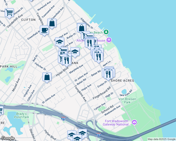 map of restaurants, bars, coffee shops, grocery stores, and more near 7 Clayton Street in Staten Island