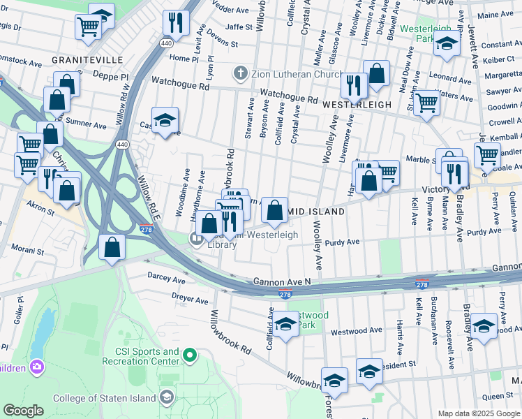 map of restaurants, bars, coffee shops, grocery stores, and more near 400 Bryson Avenue in Staten Island