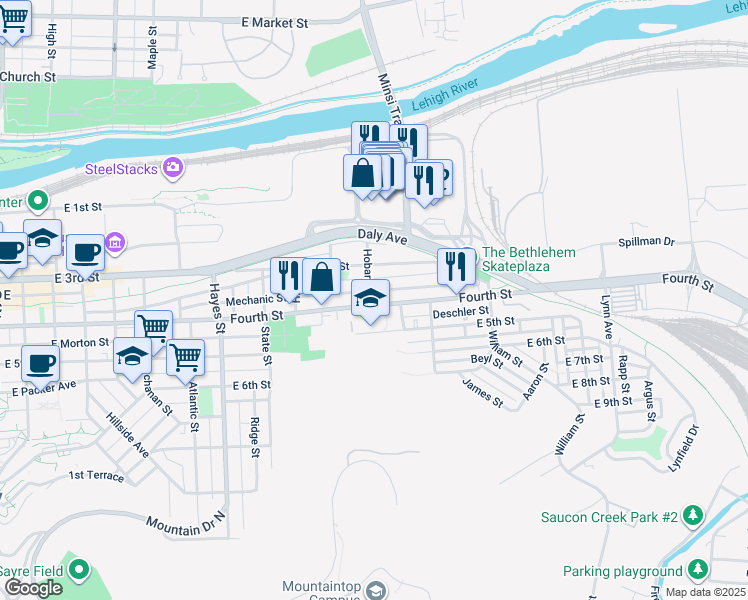 map of restaurants, bars, coffee shops, grocery stores, and more near 1210 East 4th Street in Bethlehem