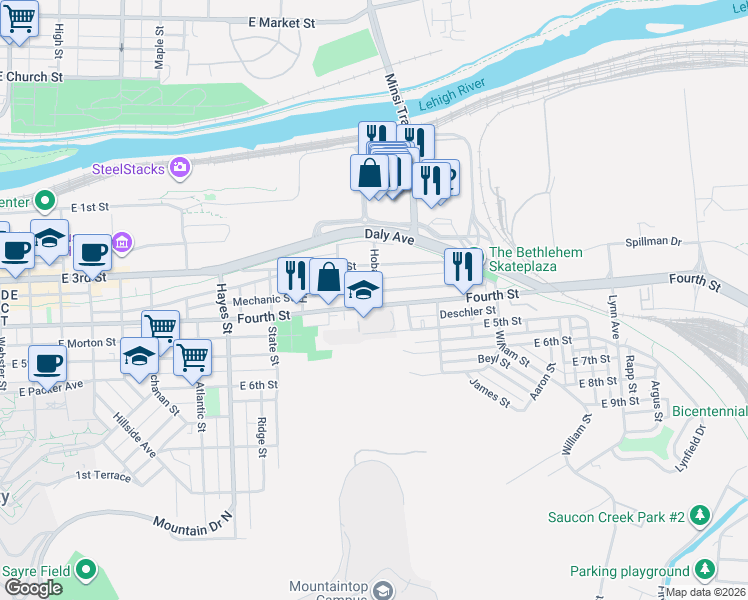 map of restaurants, bars, coffee shops, grocery stores, and more near 1210 East 4th Street in Bethlehem