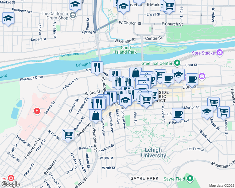 map of restaurants, bars, coffee shops, grocery stores, and more near 217 Broadway in Bethlehem