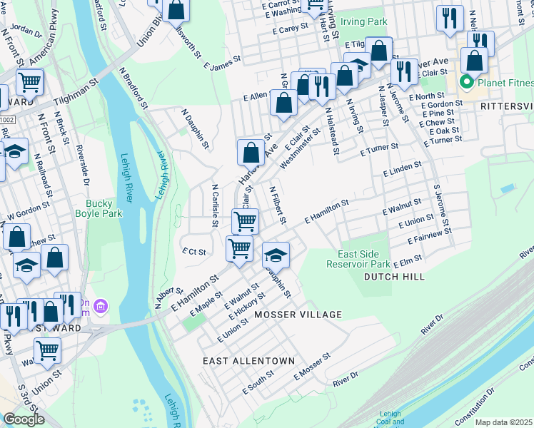 map of restaurants, bars, coffee shops, grocery stores, and more near 548 East Linden Street in Allentown