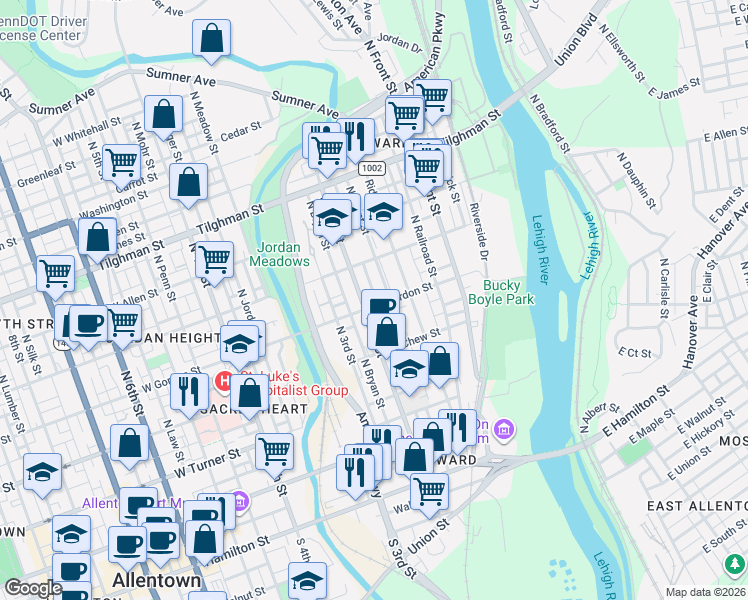 map of restaurants, bars, coffee shops, grocery stores, and more near 190 West Gordon Street in Allentown