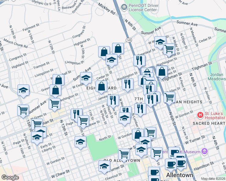 map of restaurants, bars, coffee shops, grocery stores, and more near 717 North New Street in Allentown