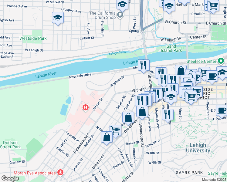 map of restaurants, bars, coffee shops, grocery stores, and more near 252 Uncas Street in Bethlehem