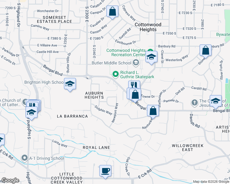 map of restaurants, bars, coffee shops, grocery stores, and more near 7707 Newport Way in Cottonwood Heights