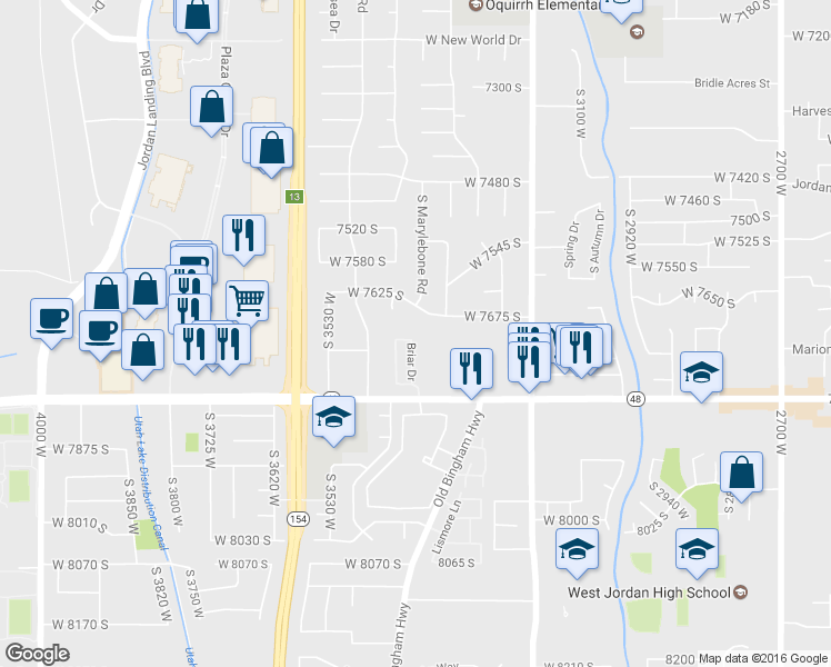 map of restaurants, bars, coffee shops, grocery stores, and more near 3388 Briar Drive in West Jordan