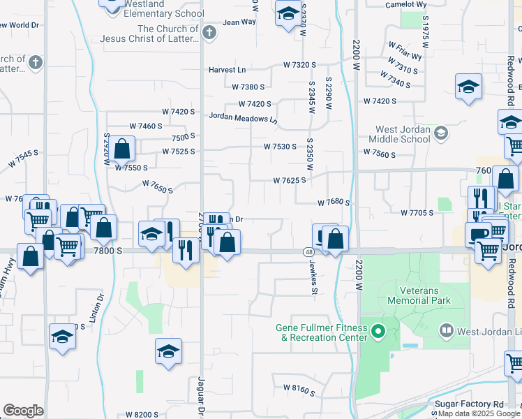 map of restaurants, bars, coffee shops, grocery stores, and more near 2498 West 7720 South in West Jordan