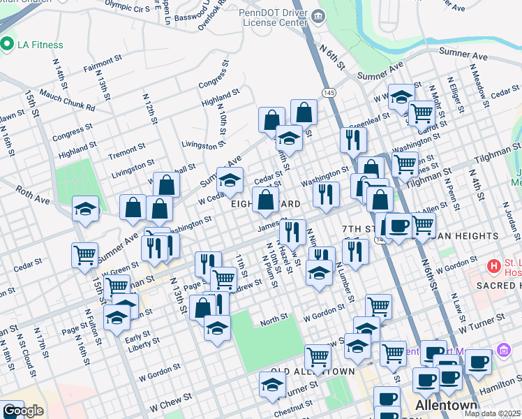 map of restaurants, bars, coffee shops, grocery stores, and more near in Allentown