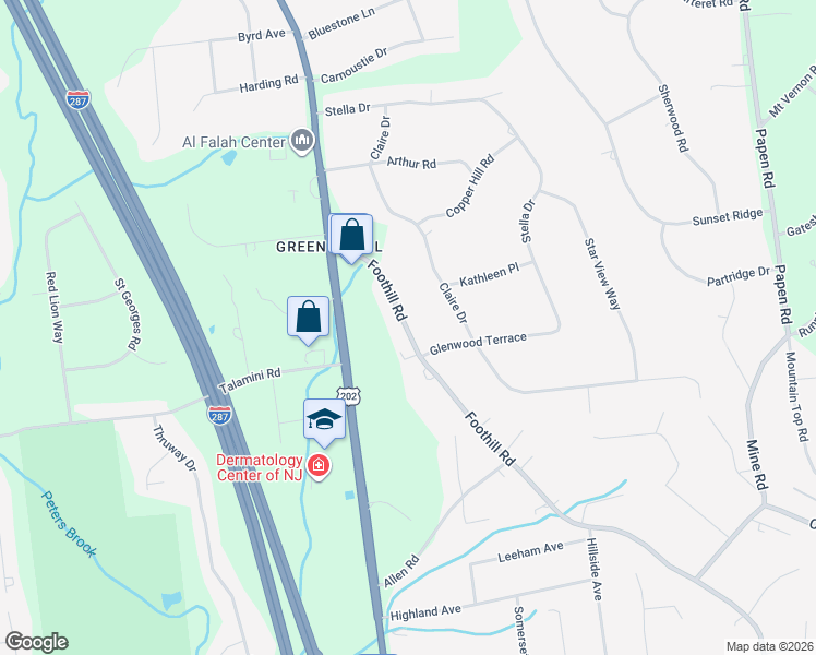 map of restaurants, bars, coffee shops, grocery stores, and more near 697 Foothill Road in Bridgewater Township