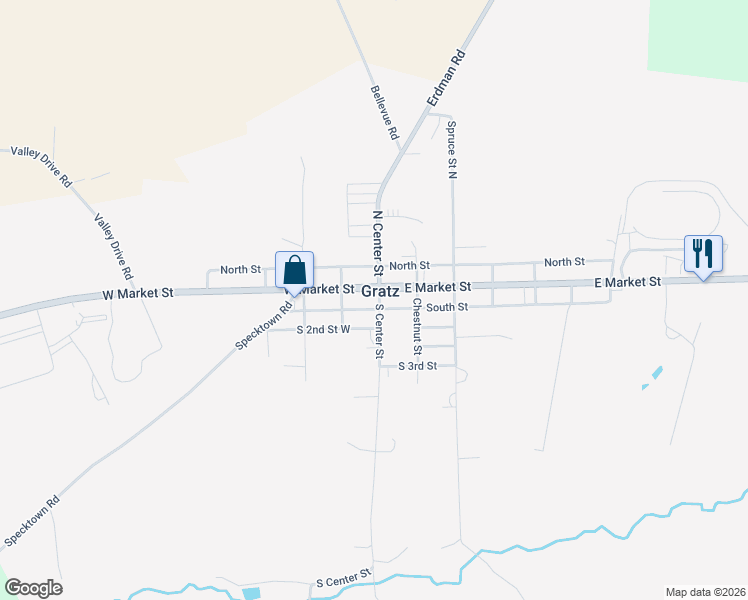 map of restaurants, bars, coffee shops, grocery stores, and more near 102 South Center Street in Gratz