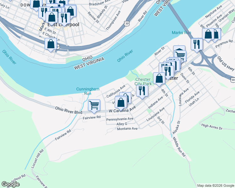 map of restaurants, bars, coffee shops, grocery stores, and more near 217-223 2nd Street in Chester