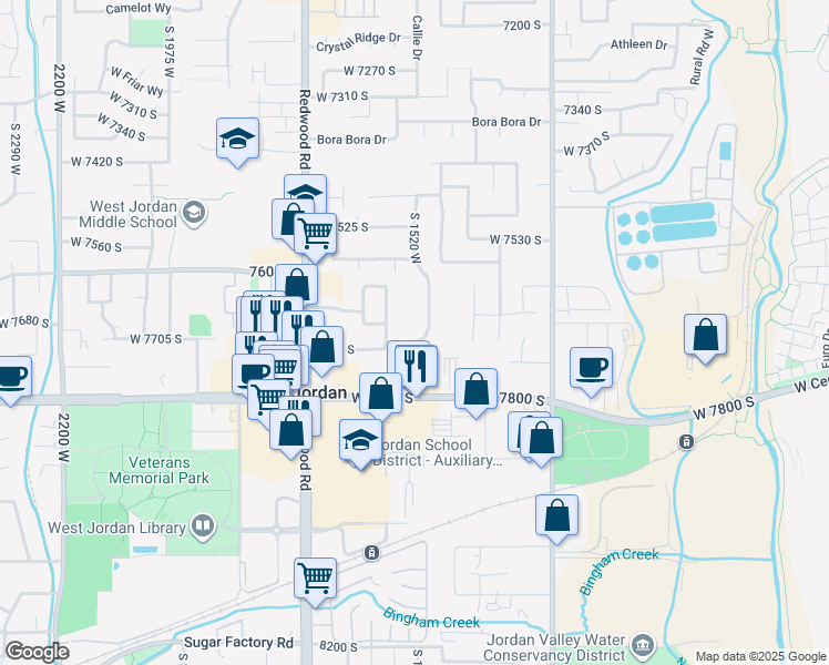 map of restaurants, bars, coffee shops, grocery stores, and more near 7700 South 1530 West in West Jordan