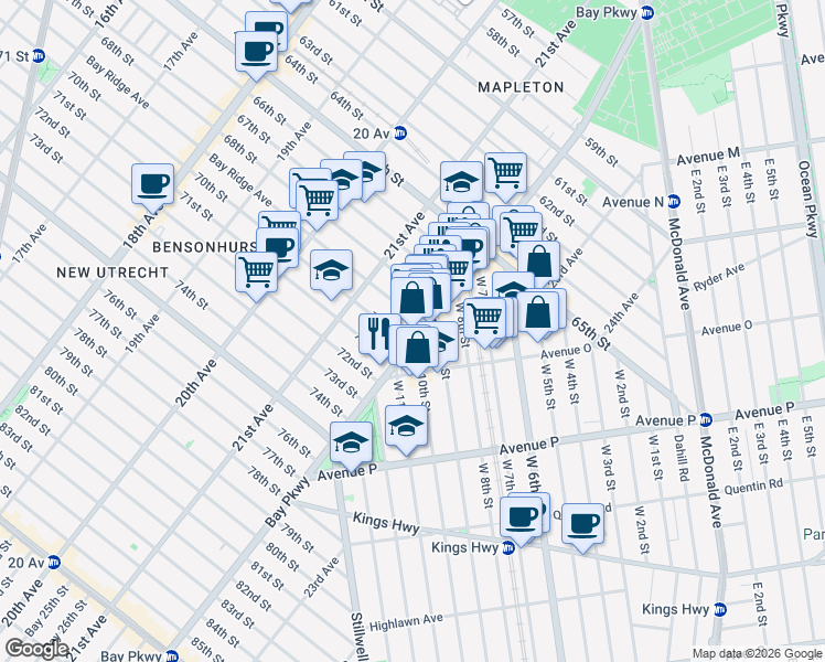 map of restaurants, bars, coffee shops, grocery stores, and more near 7000 Bay Parkway in Brooklyn