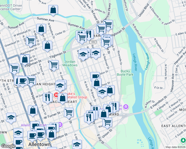 map of restaurants, bars, coffee shops, grocery stores, and more near 190 West Gordon Street in Allentown