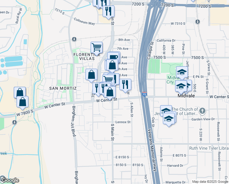 map of restaurants, bars, coffee shops, grocery stores, and more near 7702-7706 South Main Street in Midvale