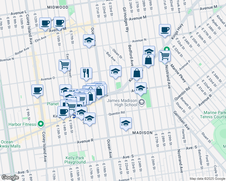 map of restaurants, bars, coffee shops, grocery stores, and more near 1658 East 22nd Street in Brooklyn
