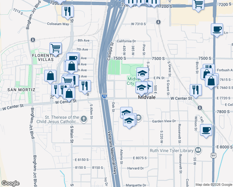 map of restaurants, bars, coffee shops, grocery stores, and more near 7689 Locust Street in Midvale