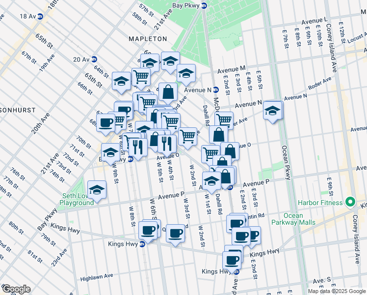map of restaurants, bars, coffee shops, grocery stores, and more near Avenue O in Brooklyn