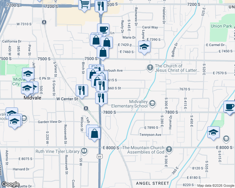 map of restaurants, bars, coffee shops, grocery stores, and more near 105 East 7720 South in Midvale