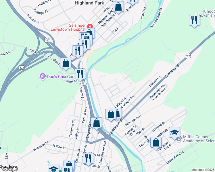 map of restaurants, bars, coffee shops, grocery stores, and more near 11 Oakland Avenue in Lewistown