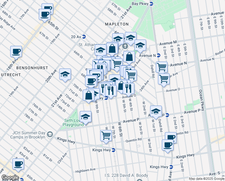 map of restaurants, bars, coffee shops, grocery stores, and more near 1388 West 6th Street in Brooklyn