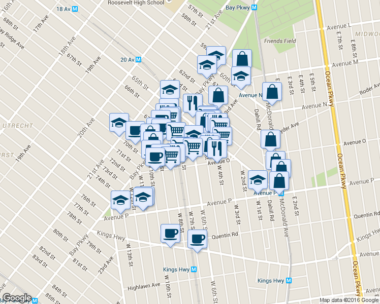 map of restaurants, bars, coffee shops, grocery stores, and more near 1388 West 6th Street in Brooklyn