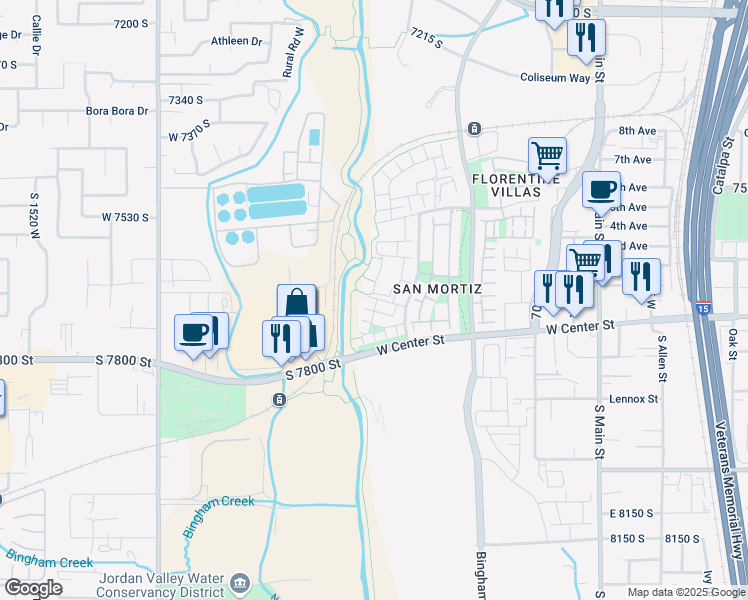 map of restaurants, bars, coffee shops, grocery stores, and more near 7724 Rooftop Drive in Midvale