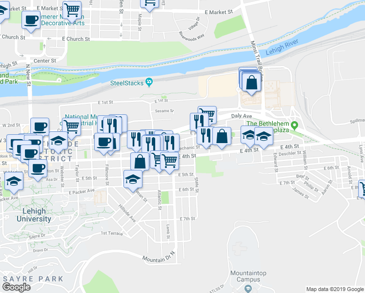 map of restaurants, bars, coffee shops, grocery stores, and more near 909 Mechanic Street in Bethlehem