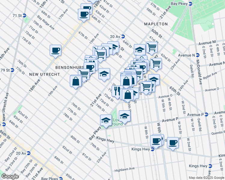 map of restaurants, bars, coffee shops, grocery stores, and more near 2150 71st Street in Brooklyn