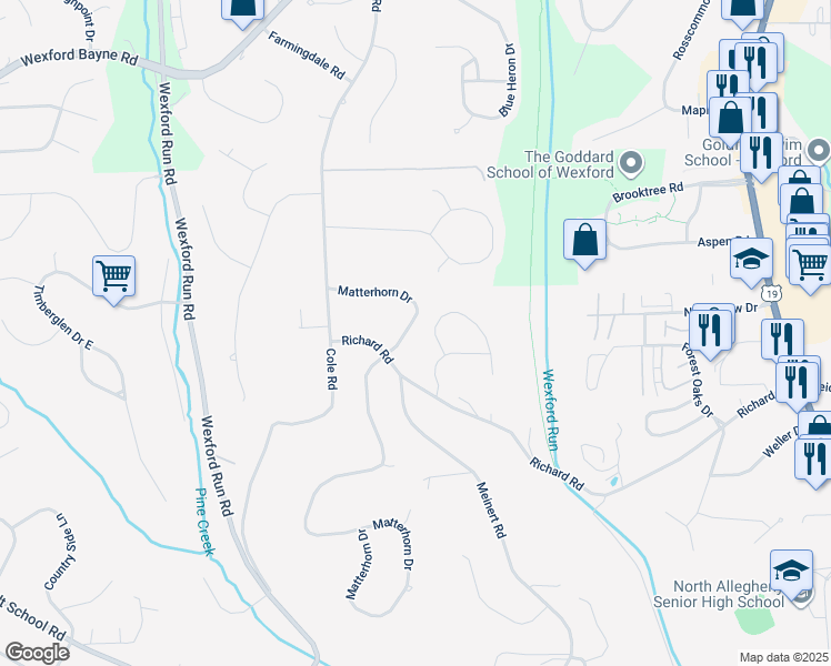 map of restaurants, bars, coffee shops, grocery stores, and more near 2584 Matterhorn Drive in Wexford
