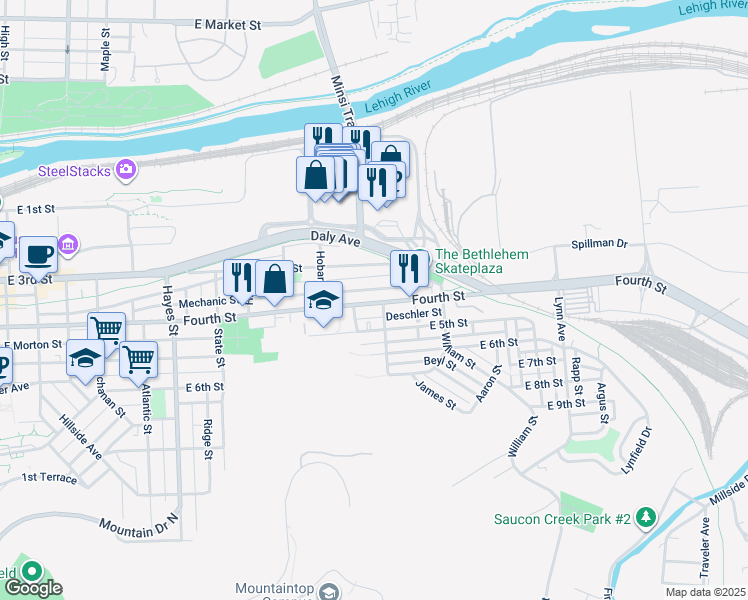 map of restaurants, bars, coffee shops, grocery stores, and more near 1251 East 4th Street in Bethlehem