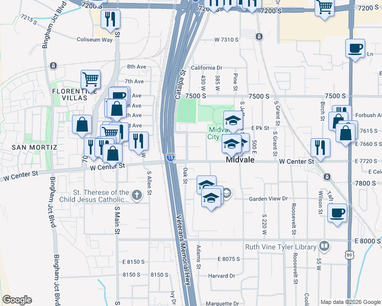 map of restaurants, bars, coffee shops, grocery stores, and more near 6 South 480 West in Midvale