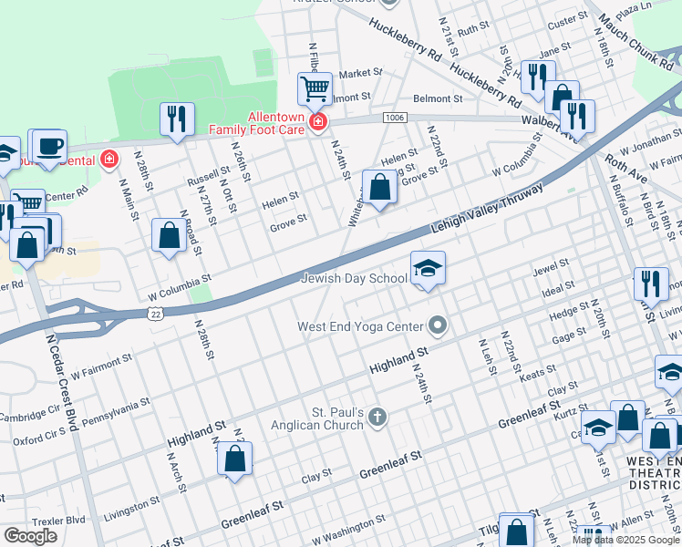 map of restaurants, bars, coffee shops, grocery stores, and more near 2448 West Fairmont Street in Allentown
