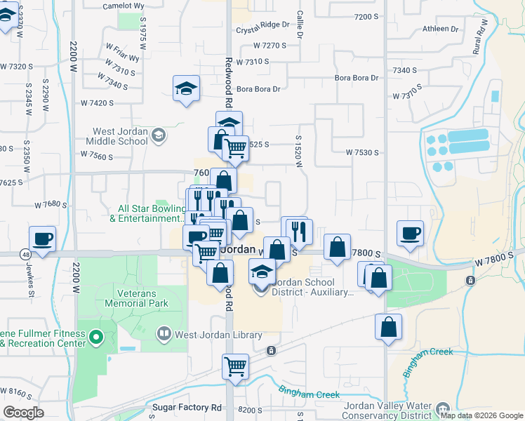 map of restaurants, bars, coffee shops, grocery stores, and more near 7684 Sunrise Place West in West Jordan