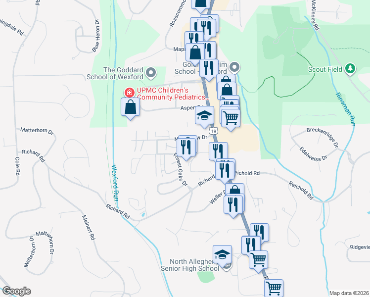 map of restaurants, bars, coffee shops, grocery stores, and more near 10545 Perry Highway in Wexford