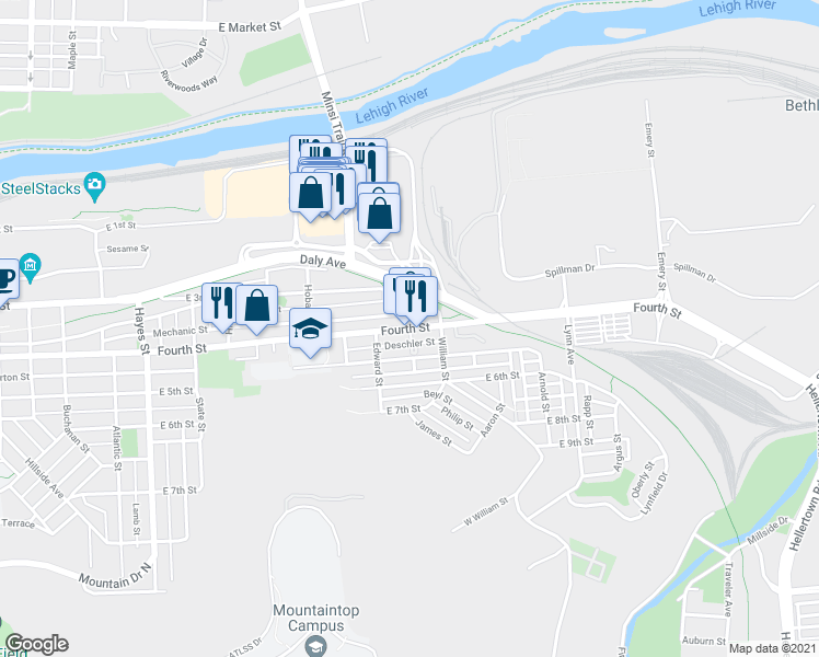 map of restaurants, bars, coffee shops, grocery stores, and more near 1335 East 4th Street in Bethlehem
