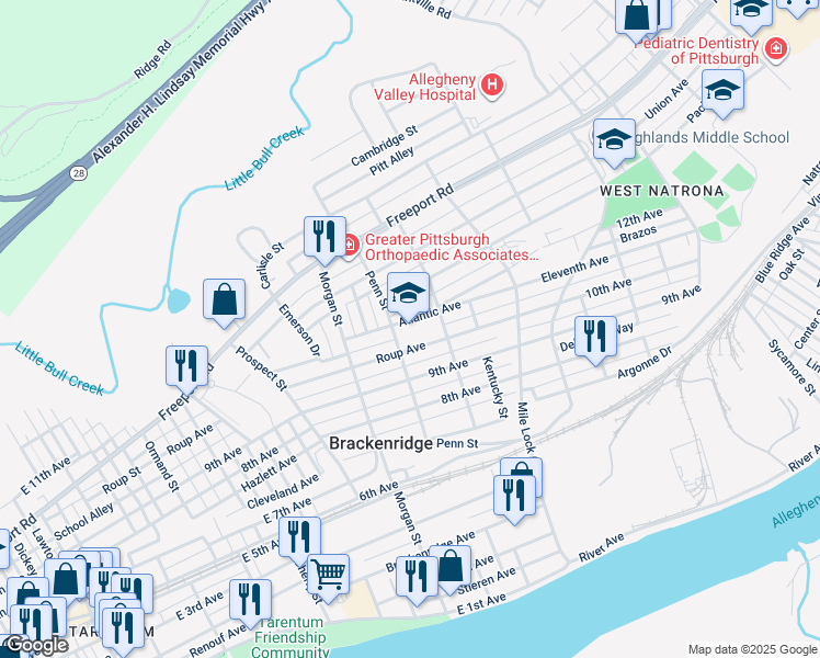 map of restaurants, bars, coffee shops, grocery stores, and more near 1060 Atlantic Avenue in Brackenridge