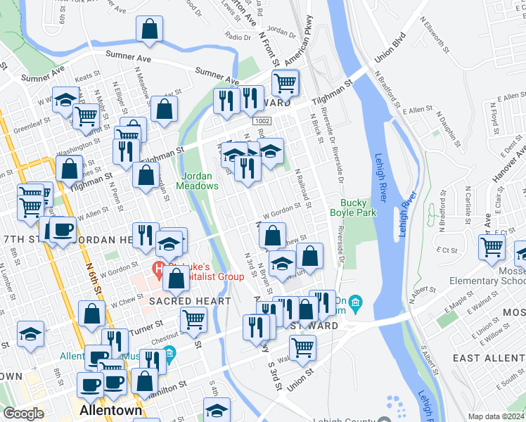 map of restaurants, bars, coffee shops, grocery stores, and more near 410 North Spruce Street in Allentown