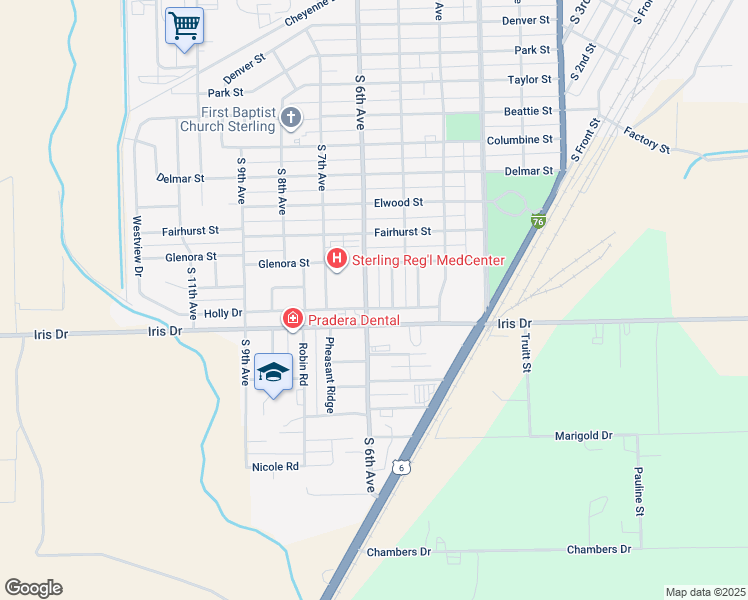 map of restaurants, bars, coffee shops, grocery stores, and more near 1515 South 6th Avenue in Sterling