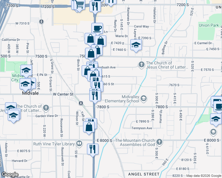 map of restaurants, bars, coffee shops, grocery stores, and more near 105 East 7720 South in Midvale