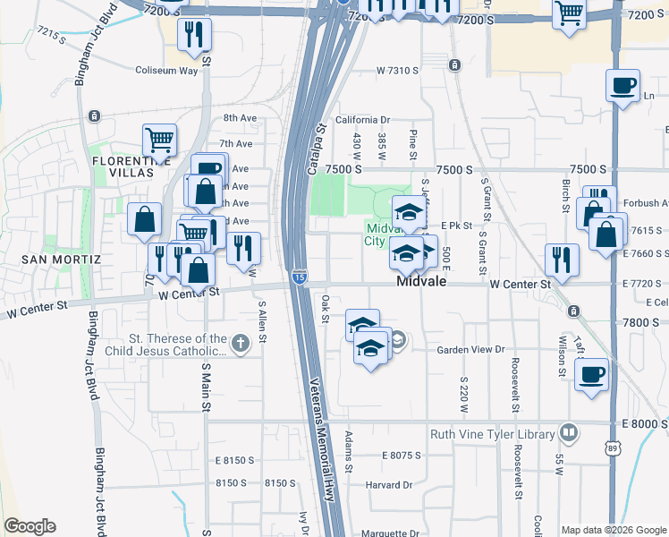 map of restaurants, bars, coffee shops, grocery stores, and more near 6 South 480 West in Midvale