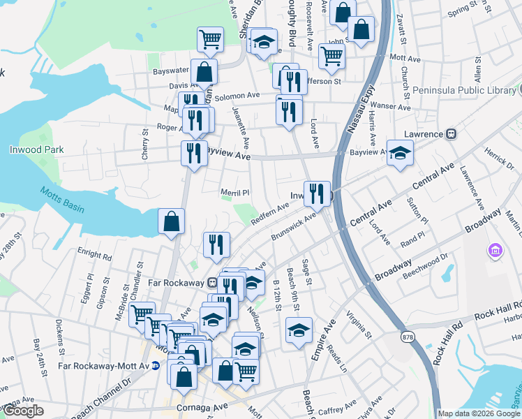 map of restaurants, bars, coffee shops, grocery stores, and more near 12-10 Redfern Avenue in Queens