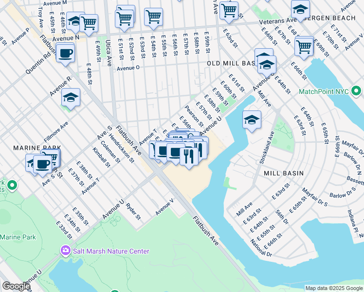 map of restaurants, bars, coffee shops, grocery stores, and more near 5412 Avenue U in Brooklyn